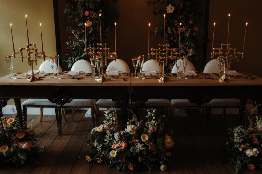 Indoor elegant wedding breakfast tablescape